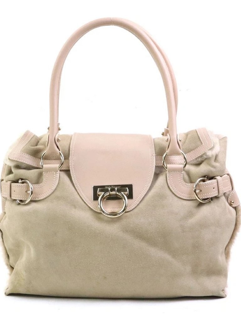 Auth Salvatore Ferragamo Shoulder Bag Beige/Pink Beige Mutton Fur